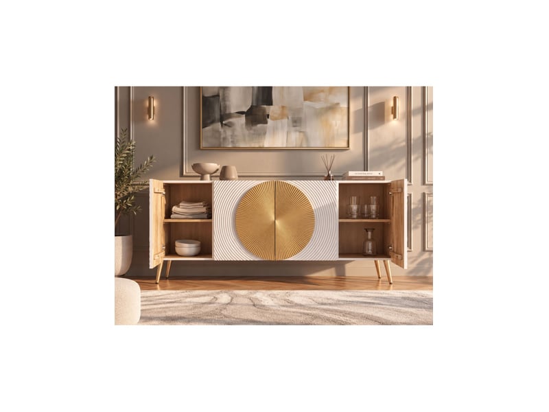  Buffet midori 177 cm – bois de manguier massif blanc et doré – 4 portes  - Conforama D