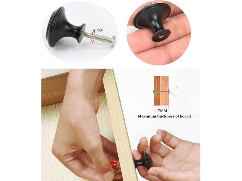 Lot de 16 poignées rondes noires de 28 mm, poignées pour meubles, commodes, portes et tiroirs - Conforama B