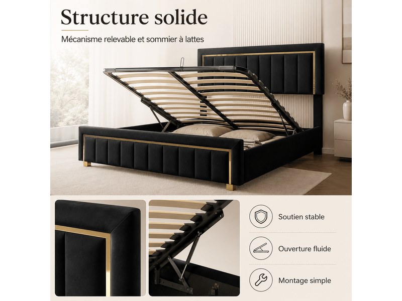  Lit coffre double 160x200 cm - lit rembourré adulte avec sommier à lattes et espace de rangement hydraulique - lit capitonné - cadre de lit 2 personnes - sommier à lattes et tete de lit rembourré - velours beige - sans matelas -…  - Conforama B