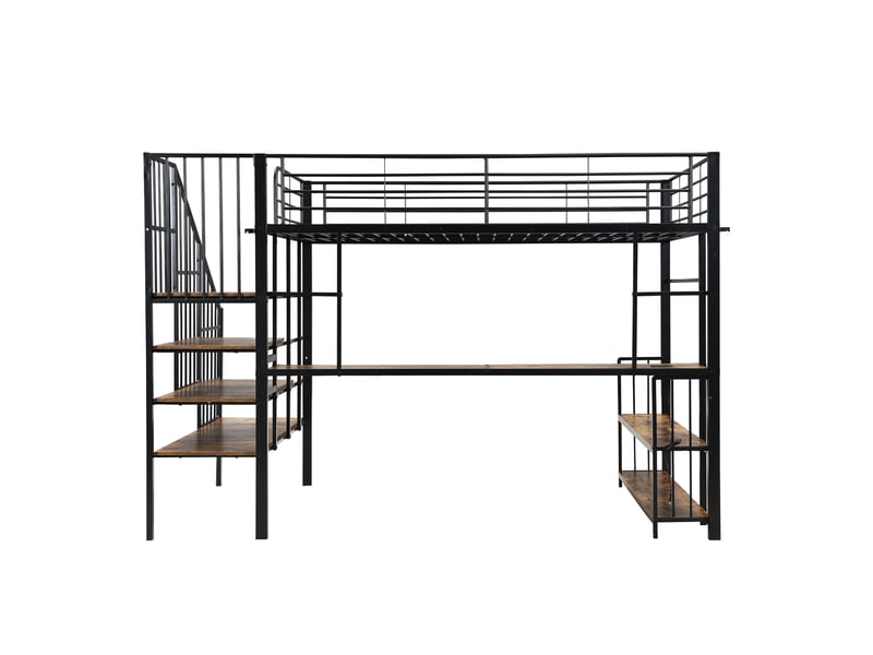  Lit mezzanine 120x200 cm avec échelle, cadre de lit en métal avec porte-manteau, noir + bois foncé, lit 1 personne  - Conforama A