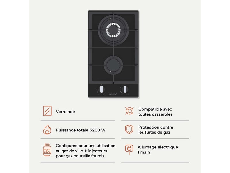  Beldeko plaque gaz 2 feux 5200w verre noir grilles fonte - marque française  - Conforama D