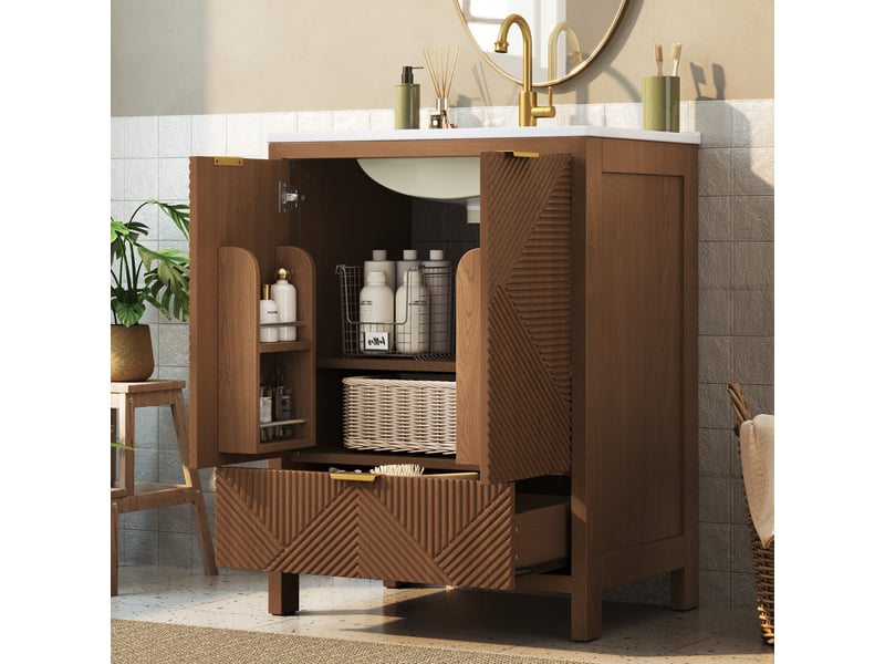 Meuble sous-vasque sur pied 61x47x87 cm, meuble salle de bain avec vasque céramique, motif ondulé, tiroirs et étagères, fermeture amortie, mdf, brun Bliss Lite - Conforama E