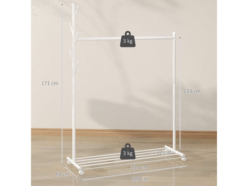  Portant à vêtements, porte-manteau sur roulettes avec étagère à chaussures et 5 crochets, blanc, 120 x 43 x 171 cm  - Conforama C