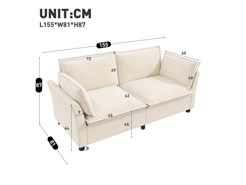 Canapé 2 places en chenille beige avec coussins d'appui et led intégrée, 155 cm de large - Conforama C