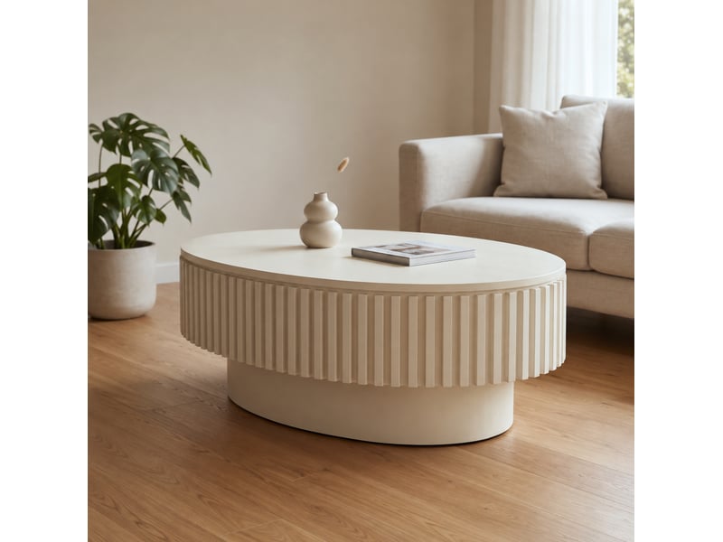 Table basse ovale avec rangement caché sous plateau amovible et cannelures en mdf plaqué bois crème 98 × 60 × 35 cm - Conforama D
