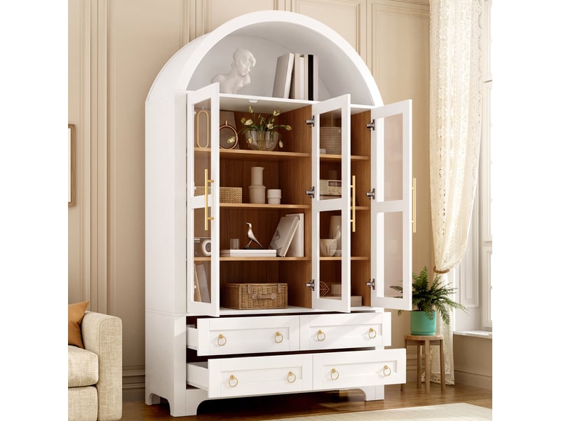 Buffet haut rangement 110x40x185 cm, 3 portes vitrées 4 tiroirs, niche arquée, poignées aluminium, mdf, blanc - Conforama D