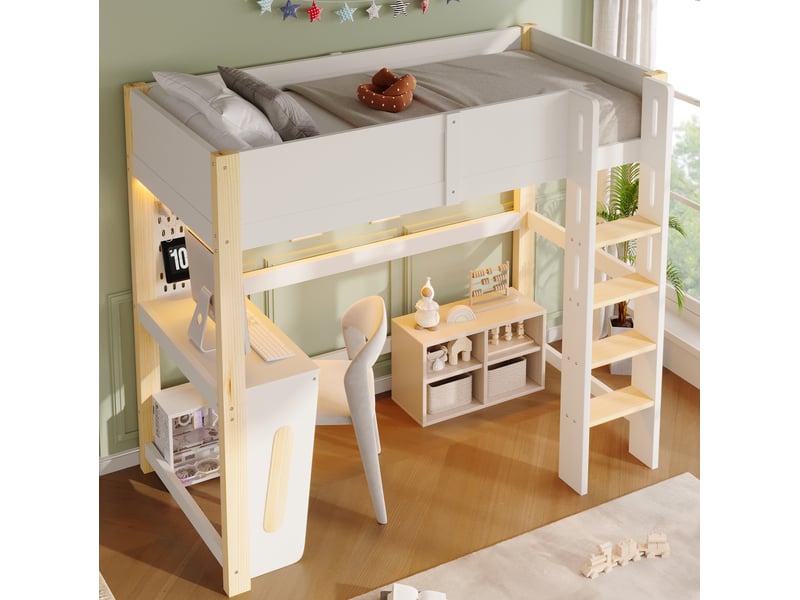 Lit mezzanine 90x200 cm en pin et mdf, naturel et blanc, avec bureau et led - Conforama D