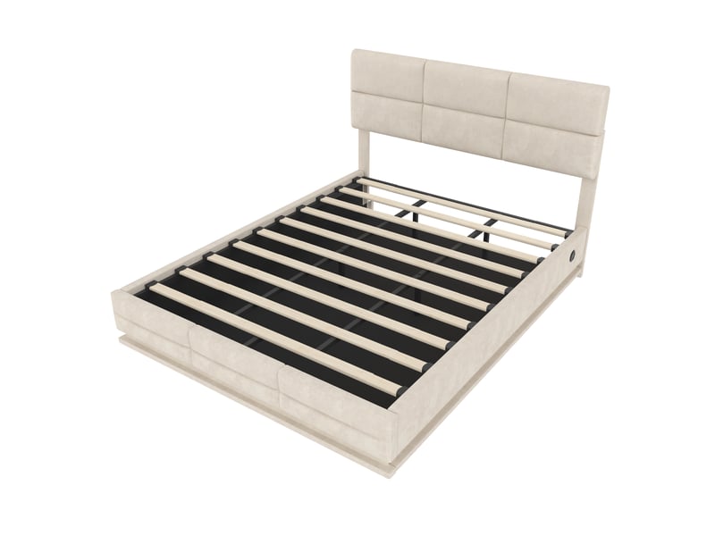 Lit coffre 180×200 cm, revêtu velours, tête de lit réglable en hauteur, avec led et ports usb, sans matelas, beige - Conforama D