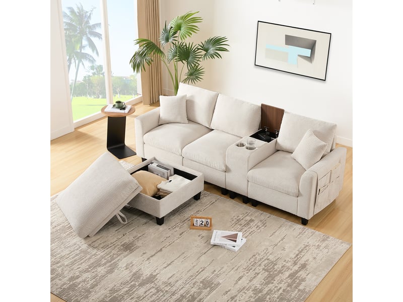  Canapé d'angle en velours côtelé beige 4 places - modulable avec port usb et pouf de rangement  - Conforama D