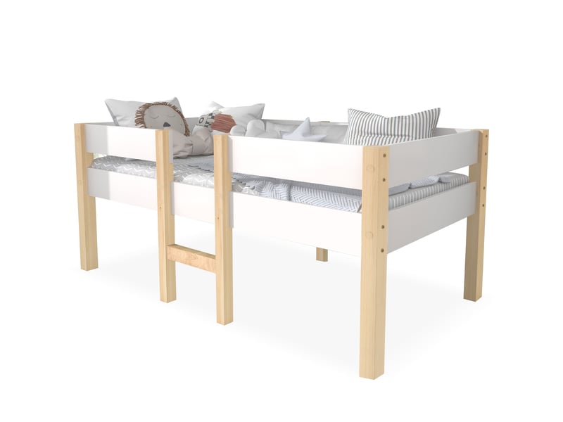  Lit enfant 90x200 cm avec protection antichute, lit simple en pin de haute qualité et offre pin massif, blanc, lit mi-hauteur  - Conforama D