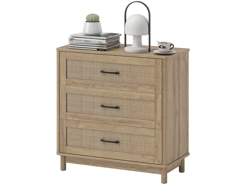  Commode 3 tiroirs en rotin, meuble de rangement, chiffonnier, pieds en bois massif, style bohème, 76x35x76cm, chêne  - Conforama B