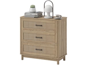 Commode 3 tiroirs en rotin, meuble de rangement, chiffonnier, pieds en bois massif, style bohème, 76x35x76cm, chêne