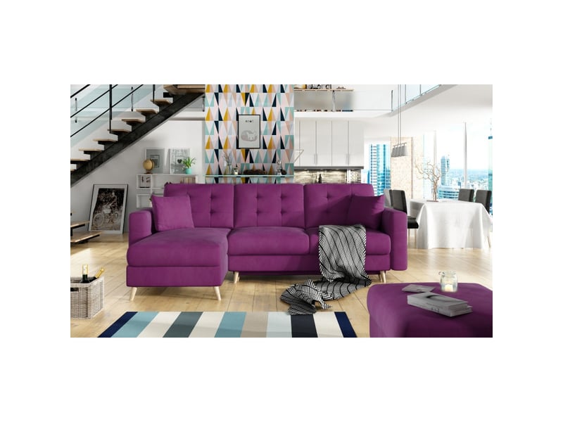 Canapé d'angle convertible hasgard 3 places violet 248x162 cm – coffre et pieds bois - Conforama B