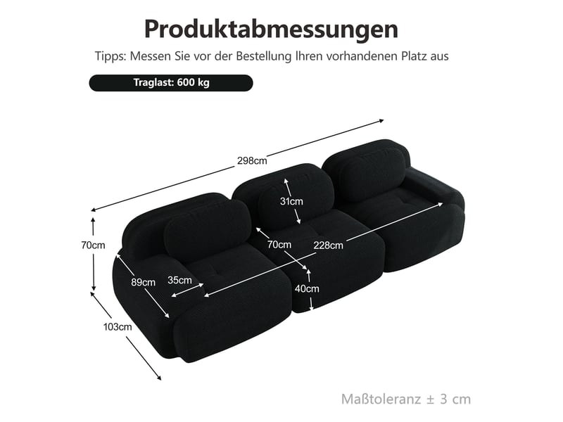  Canapé d’angle modulaire — sans montage, 298x103x70 cm accoudoirs courbes, stabilité antidérapante, velours côtelé noir  - Conforama C