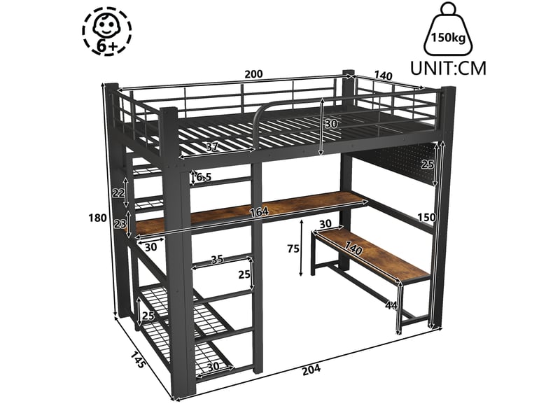 Lit mezzanine modenvie 140 x 200 cm en métal avec led, bureau en bois, étagères, tringle, noir, sans matelas  - Conforama C