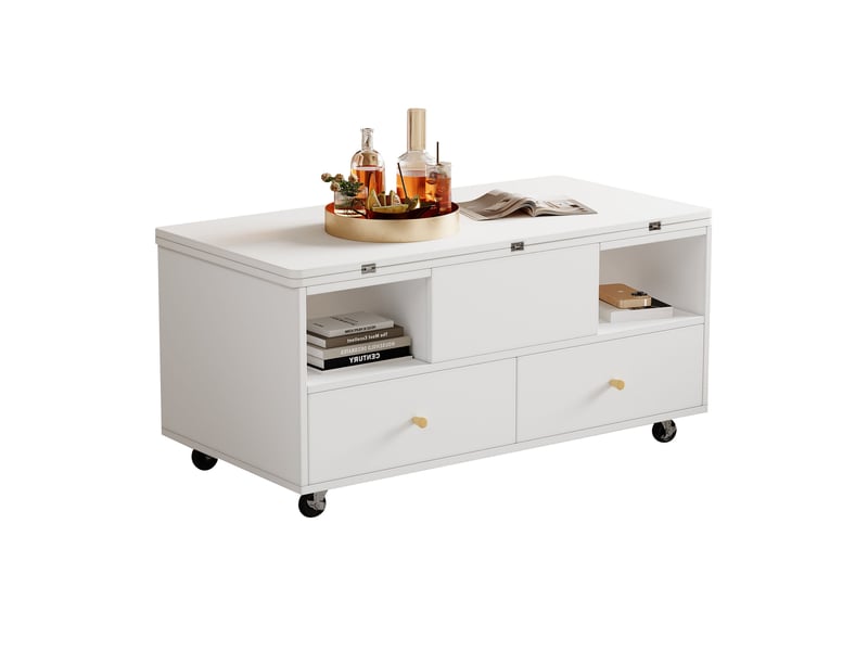 Table basse réglable en hauteur avec fonction pliante et 4 tiroirs, 100 x 50 x 47,5 cm, une grande et une petite table à levage hydraulique, table de salon mobile avec roulettes universelles, table d'appoint, blanche - Conforama A