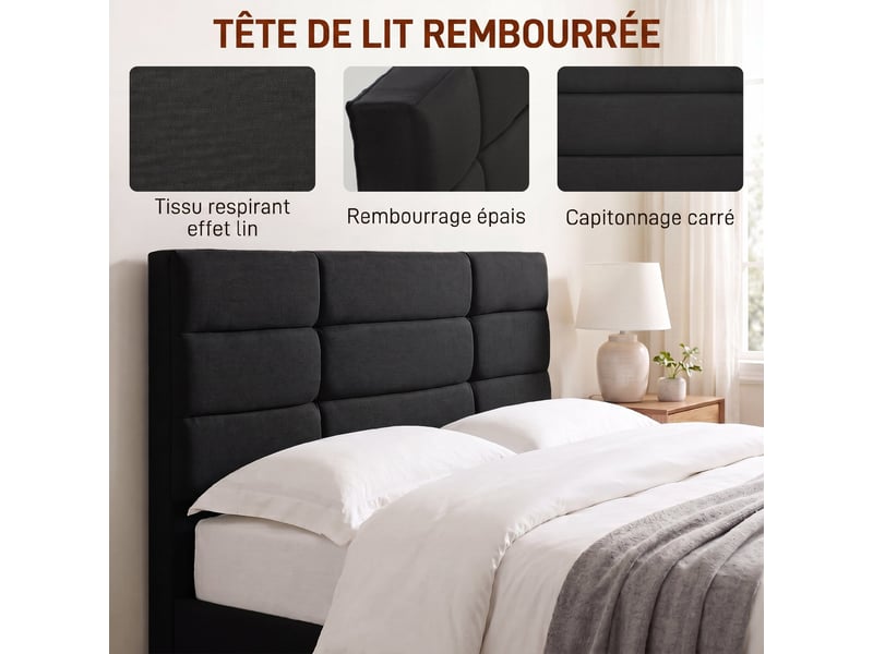 Lit double - tête de lit, pied de lit et sommier - compatible matelas 140 x 200 cm - tissu noir - Conforama D