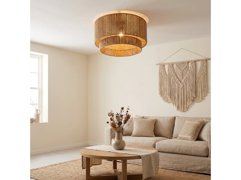  Plafonnier en corde de jute naturelle Ø450x260 mm, lampe artisanale style bohème, abat-jour décoratif C030-JUTE-DOUBLE-D45 - Conforama W