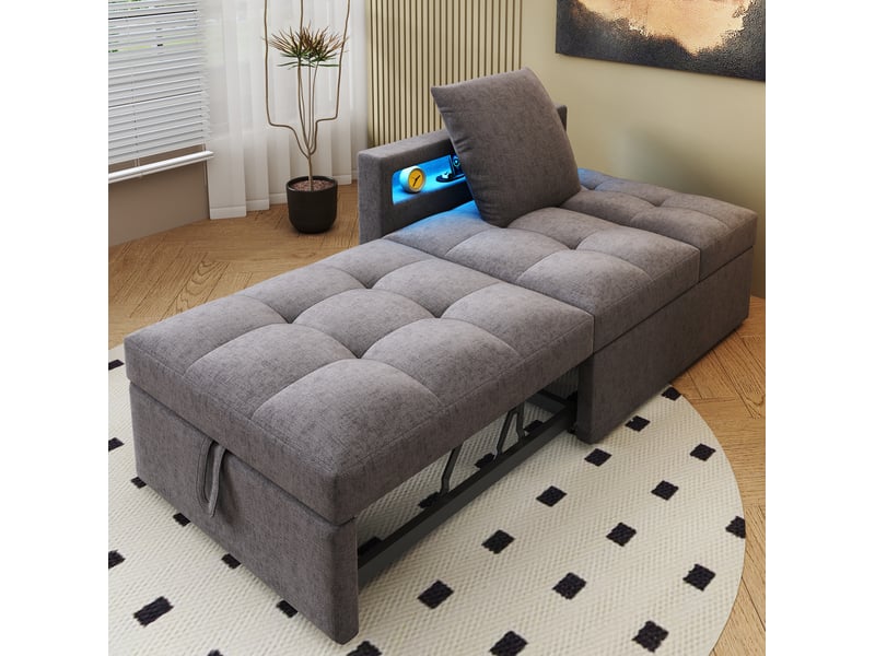 Fauteuil gigogne 177x68x65 cm, design 3-en-1 transformable, dossier ajustable, led, charge, accoudoirs, lin, gris foncé - Conforama D