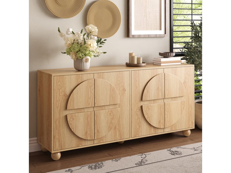Buffet 4 portes avec étagères réglables - lpospi - relief circulaire mdf et pin naturel 160 × 38 × 76 cm - Conforama B