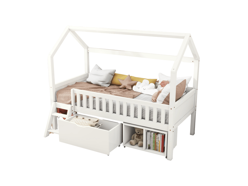  Lit cabane enfant 90x200 cm avec tiroir et rangements, blanc  - Conforama A