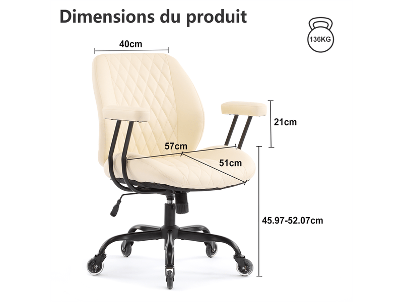  Chaise de bureau ergonomique 57 x 51 x 92 cm – assise large ressorts roulettes roller et accoudoirs amovibles – cuir - blanc  - Conforama C