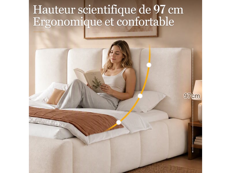  Lit coffre bouclé blanc à tête de lit capitonnée 160 x 200 cm Fay Lum - Conforama E