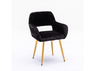 Fauteuil de table en fausse fourrure - 59x46x79 cm - fauteuil rembourré pieds métal effet bois - noir