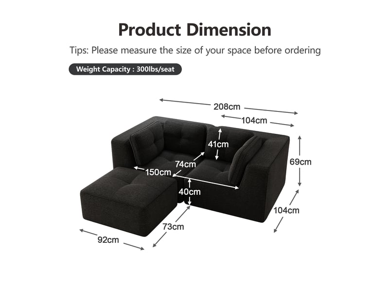  Canapé d'angle modulaire convertible avec assise profonde et accoudoirs larges, en velours côtelé noir  - Conforama E