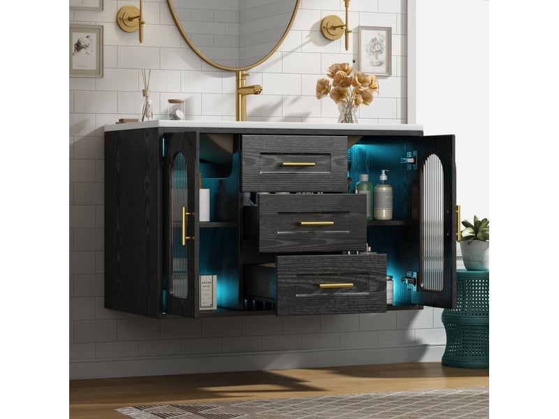 Meuble sous vasque mural 76x46x55 cm noir effet bois avec vasque et led - Conforama D