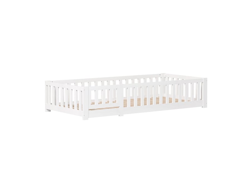  Lit enfant 90x200, lit simple, lit montessorilit au sol avec barrière, cadre en bois et métal, blanc  - Conforama A