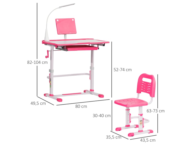 Bureau et chaise pour enfants de 6 ans et plus, hauteur et inclinaison réglables, dimensions : 80 x 49,5 x 82-104 cm et 35,5 x 43,5 x 63-73 cm, rose. - Conforama D