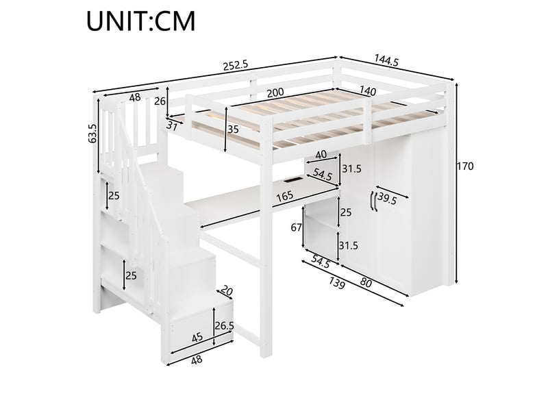  Lit mezzanine 140x200 cm blanc avec bureau intégré, armoire, étagères, escalier rangement et usb led  - Conforama C