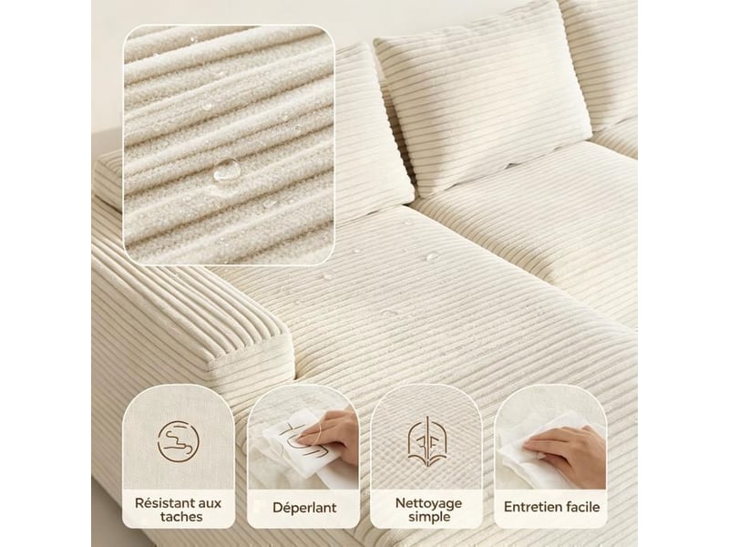  Canapé d'angle modulable 4 places avec méridienne, velours côtelé beige, design moderne pour salon élégant  - Conforama E