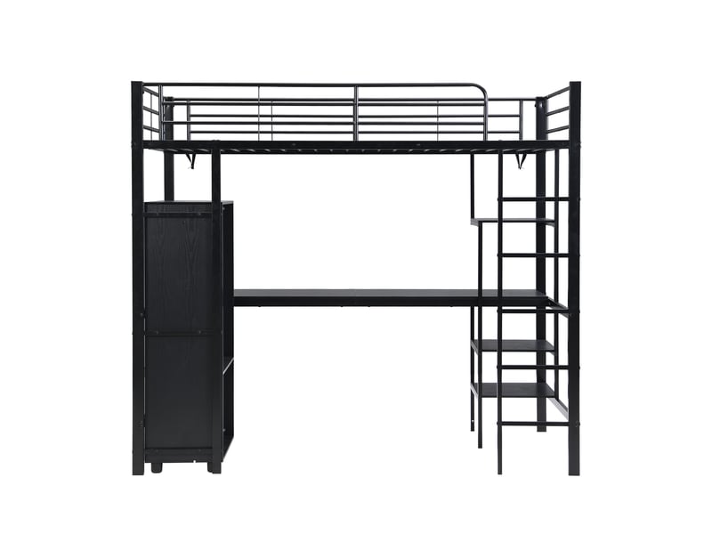  Lit superposé en fer, idéal pour enfants et adolescents, avec table et armoire, nombreux rangements, échelle à 5 marches, fer et panneaux de particules, noir, 90 x 200 cm  - Conforama D