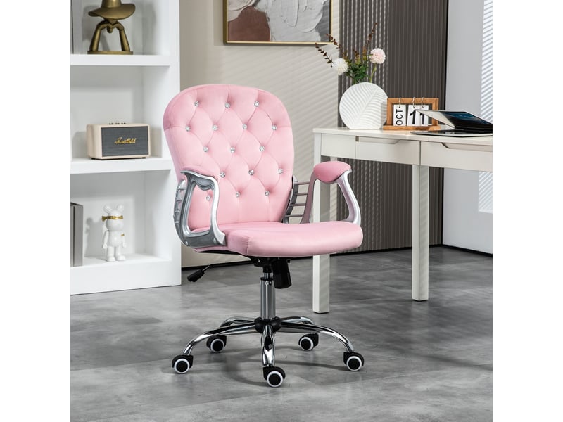  Chaise de bureau en velours rose, réglable en hauteur, avec accoudoirs et ornements en forme de diamant, 59,5 x 60,5 x 93-103 cm  - Conforama C