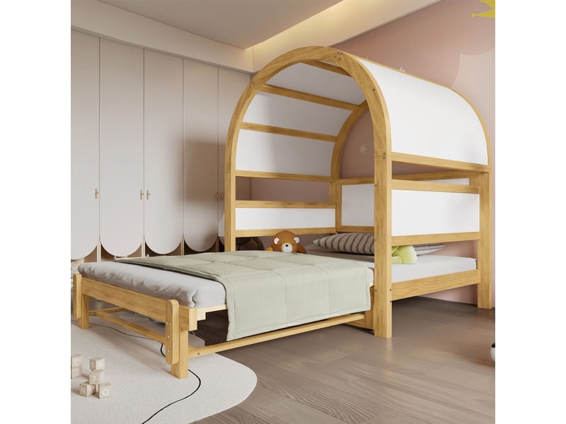  Lit gigogne enfant 140x200cm - design cabane toit voûté - lit gigogne - étagère latérale, structure pin massif, blanc et naturel  - Conforama E