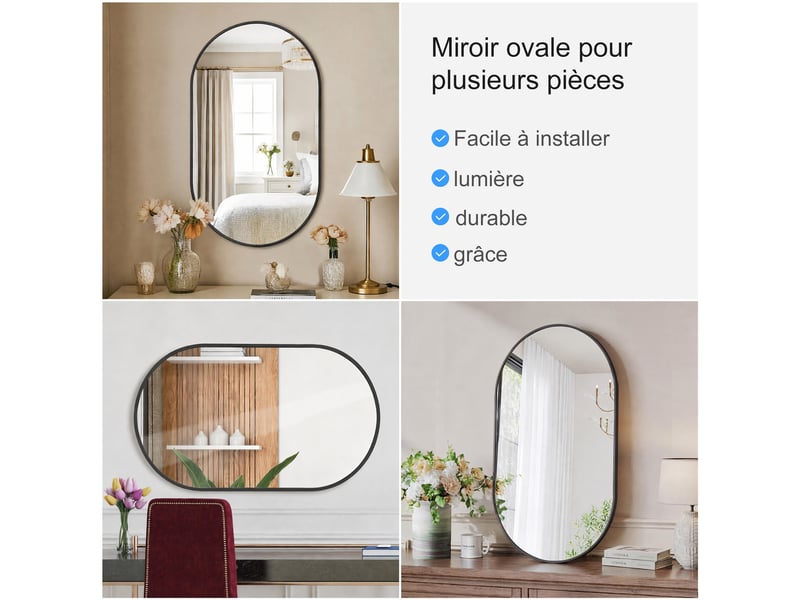  Miroir ovale mural 75x50 cm, miroir de adapté à salle de bain chambre et salon, cadre aluminium renforcé incassable, verre trempé, noir  - Conforama D