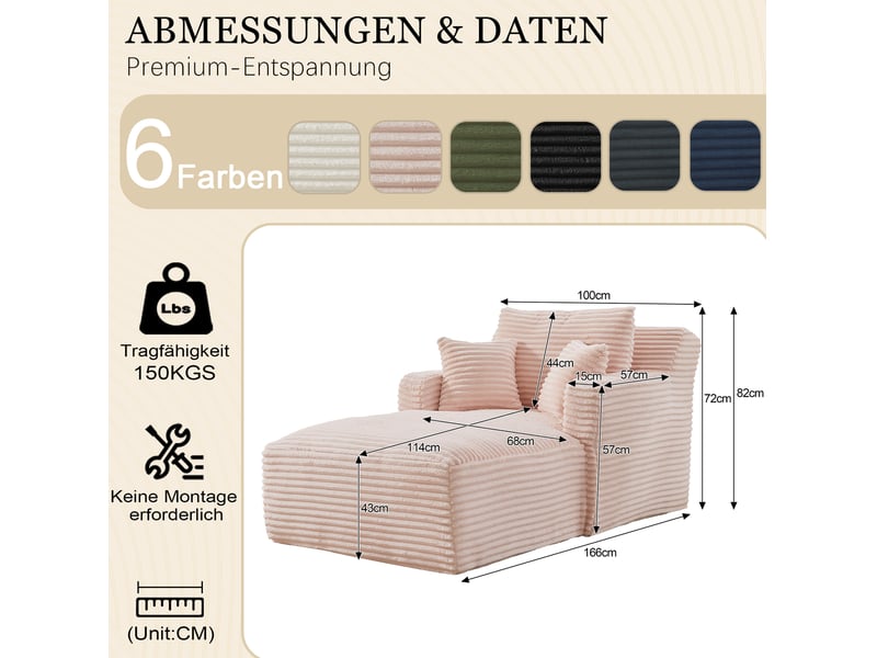  Méridienne convertible avec assise confortable, sans montage, pour salon et petit espace, en velours côtelé rose  - Conforama D