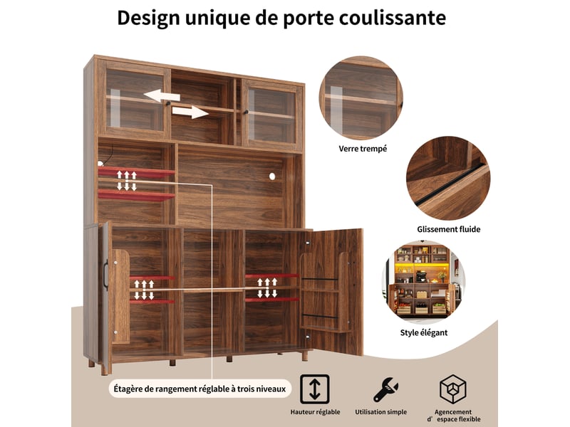 Armoire haute 120x40x185 cm, avec led, buffet de cuisine, portes coulissantes en verre, style rétro, mdf, coloris noyer - Conforama E