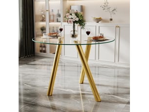 Table de salle à manger ronde fixe en verre trempé avec pieds en métal doré, finition brillante, 89 × 89 × 76 cm
