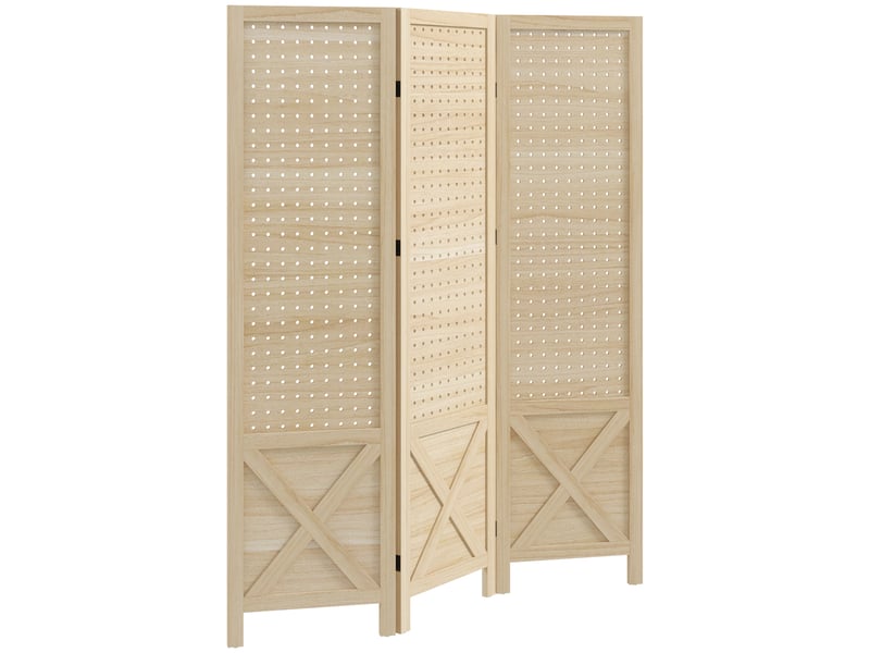  Paravent intérieur en bois 3 panneaux séparateur de pièce pliable panneau perforé bois naturel 114 x 1,7 x 144,5 cm  - Conforama B