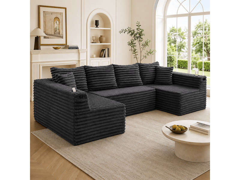 Canapé modulable en u pour salon, canapé en velours côtelé avec porte-gobelets, 4 coussins et assise ergonomique, 320 x 155 x 88 cm - Conforama C