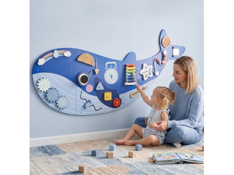  Busy board montessori 13-en-1 120 x 55,5 cm – bleu – activités murales, horloge et xylophone baleine  - Conforama B