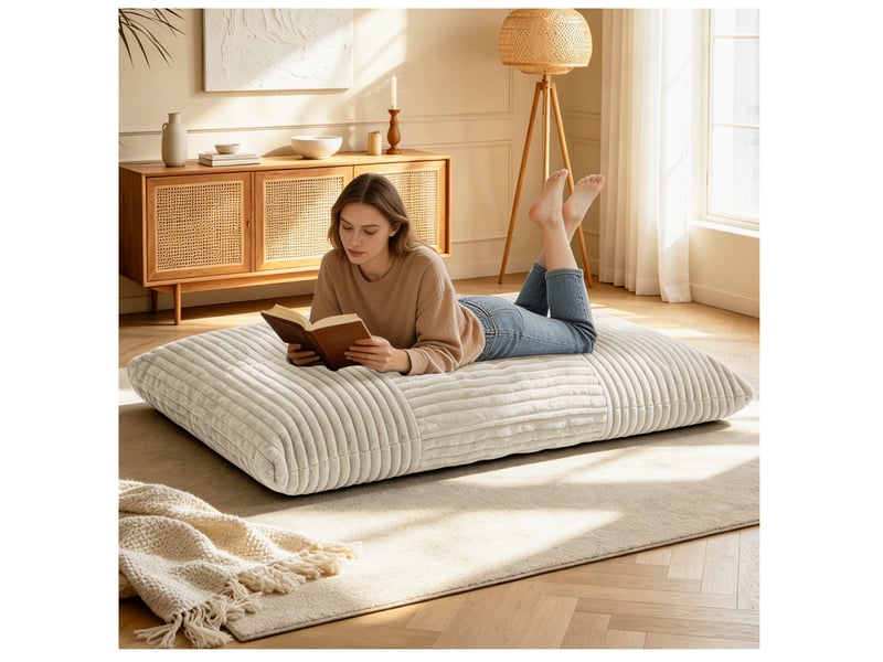 Grande fauteuil pouf convertible 180x125 cm pour la détente, sans assemblage, assise moelleuse, tissu côtelé blanc - Conforama D