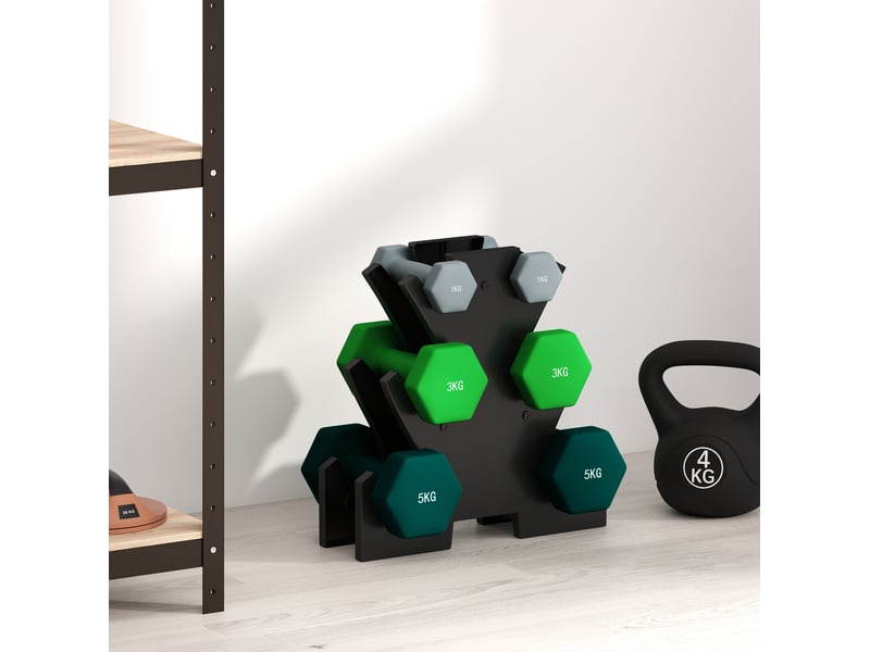  Haltères hexagonaux, set de 6 poids de 1, 3 et 5 kg avec support compact pour un entraînement à domicile organisé  - Conforama B