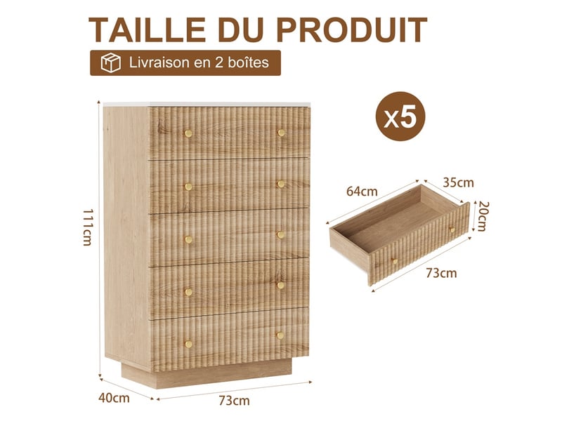 Commode 5 tiroirs 73 x 40 x 111 cm - meuble en bois avec façade rainurée, led et finition naturelle - bois naturel - Conforama E