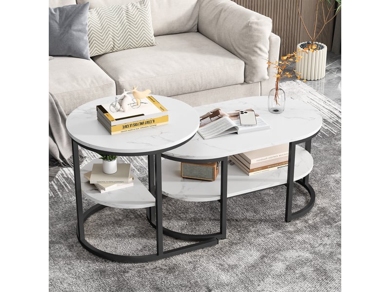  Lot de 2 tables basses - 80x46x41cm 52x52x51cm - table basse gigognes marbre oval et bout de canapé rond structure métal - noir  - Conforama C