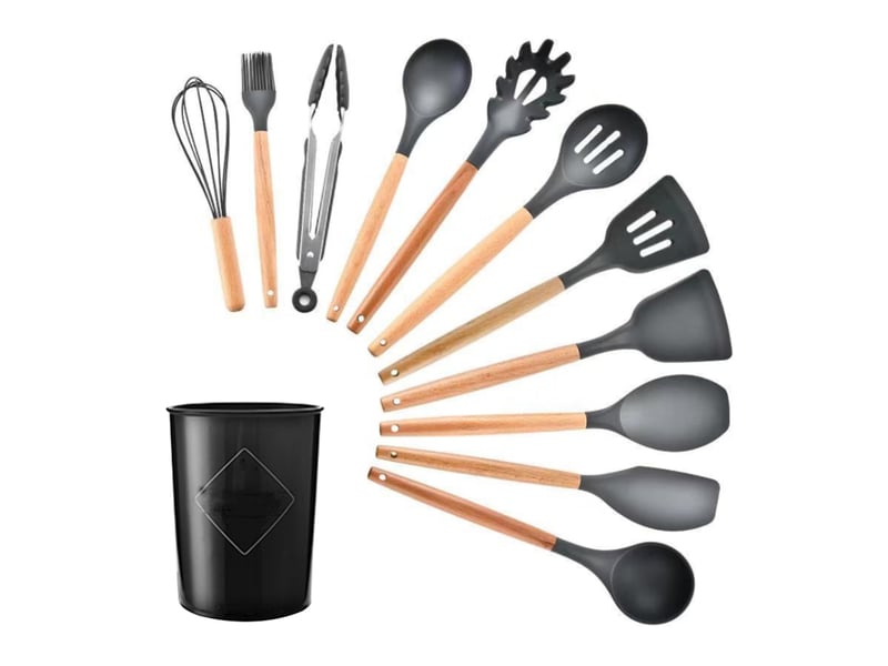  Ensemble de 9 ustensiles de cuisine en silicone avec manche en bois, comprenant un seau de rangement  - Conforama A