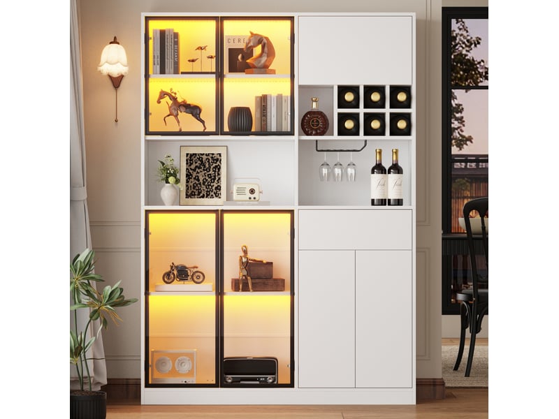  Vitrine blanche avec led, 7 portes et rangement à vin, 140 × 30 × 200 cm pour votre séjour et vos collections  - Conforama E